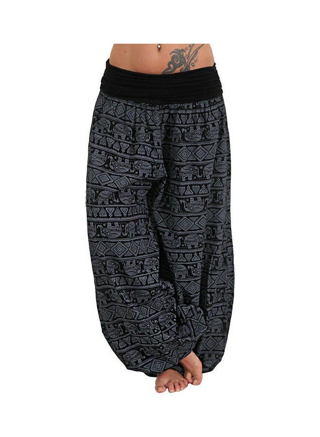 Boho Elephant Print Yoga Low Waist Long Pants Black 