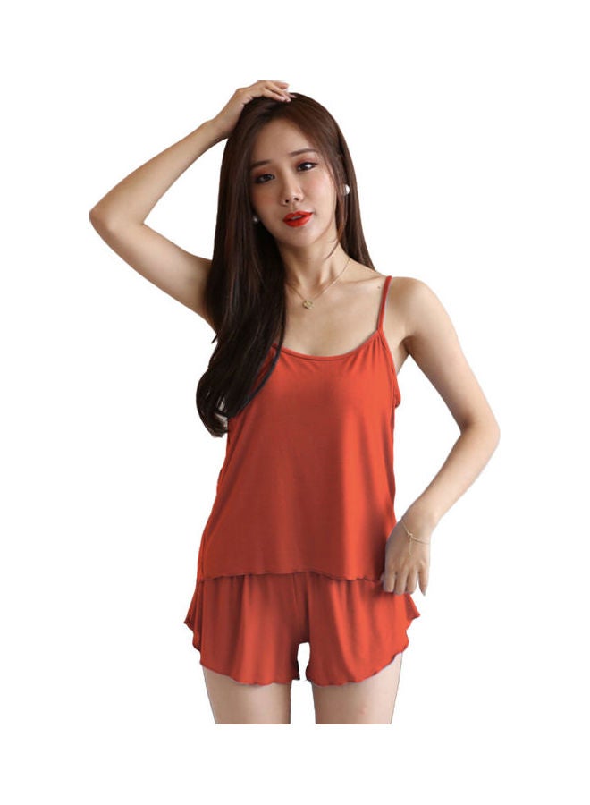 Solid Colour Women Silk Spaghetti Strap Camisole Top Shorts Set Red 