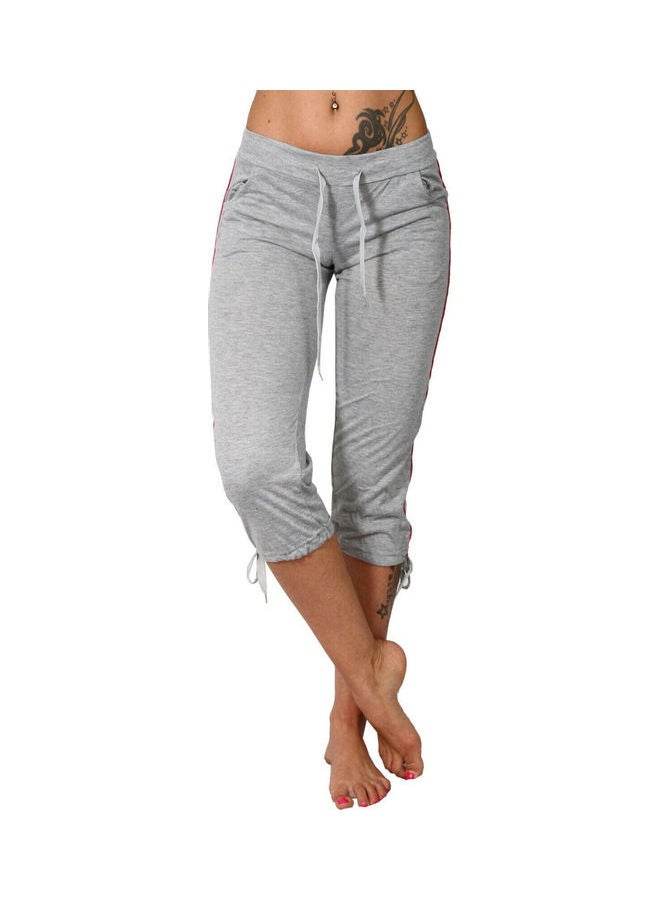 Solid Color Mid Rise Pockets Drawstring Slim Capri Pants Grey  - Image 1