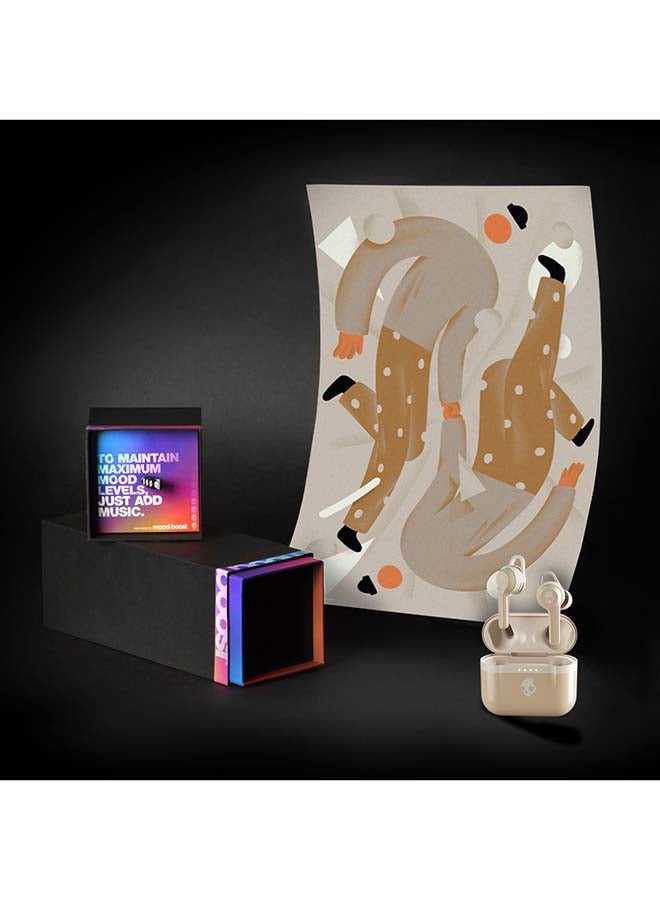 Skullcandy - Indy Evo True Wireless Earbuds With Charging Case And Centered Mood Boost Print Art Champagne Metallic - Image 1