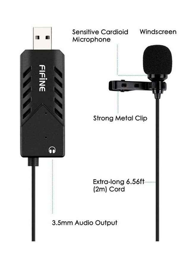 FIFINE - K053 USB Lavalier Cardioid Condenser Microphone With Clip-On And Sound Card For PC and MAC FIFINE  USB Lavalier Lapel Microphone K053 Black - Image 1