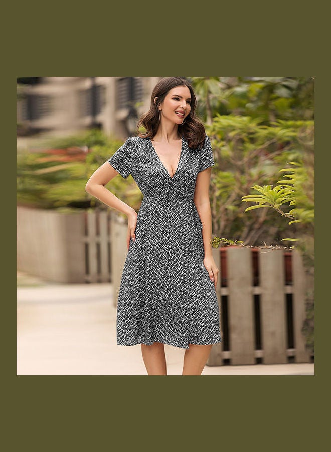 Printed V-Neck Midi Dress Grey/Black - Image 1