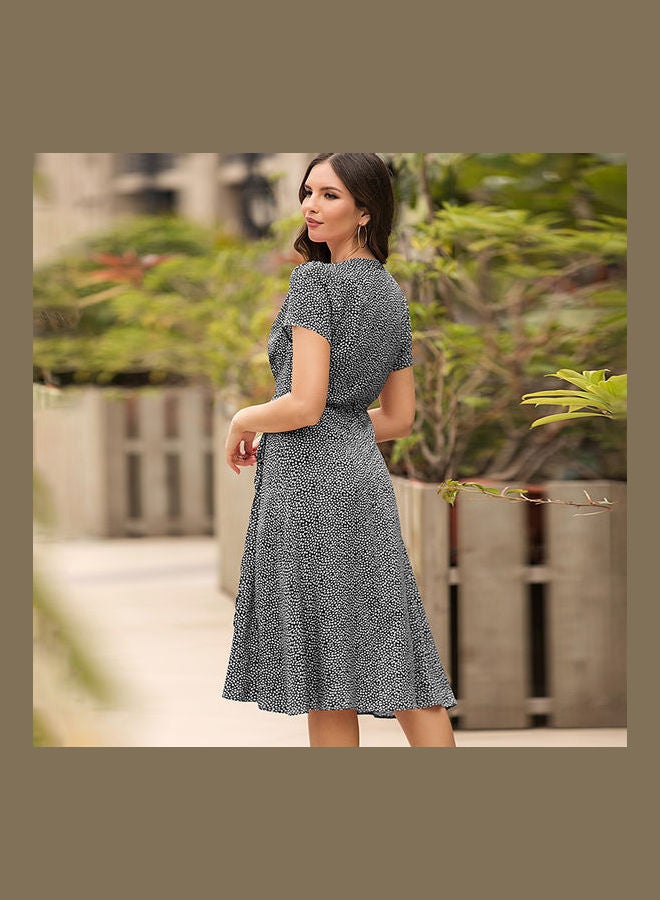 Printed V-Neck Midi Dress Grey/Black - Image 2