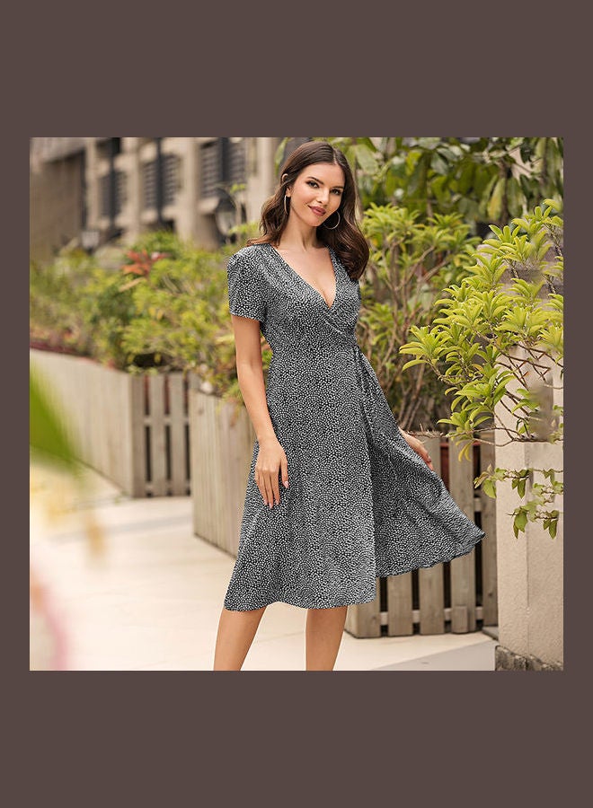Printed V-Neck Midi Dress Grey/Black - Image 3