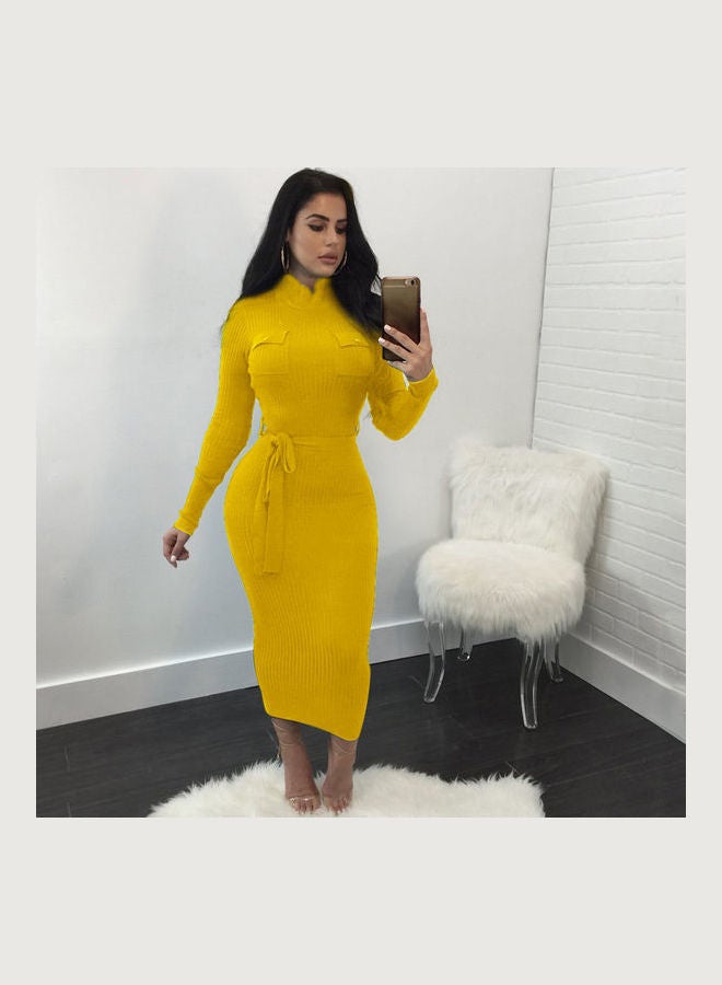 Women Autumn Winter Sweater Knitted Dress Yellow  - Image 1