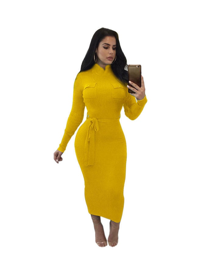 Women Autumn Winter Sweater Knitted Dress Yellow  - Image 2