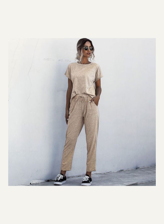 2-Piece Short Sleeves T-Shirt Pants Set Beige - Image 1