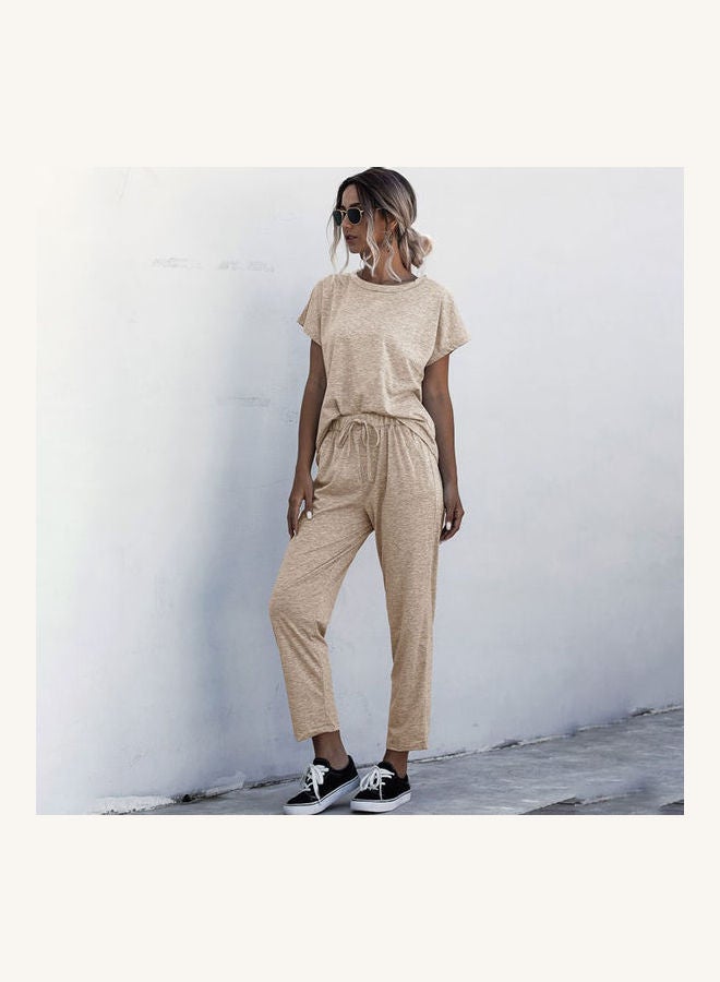 2-Piece Short Sleeves T-Shirt Pants Set Beige - Image 3