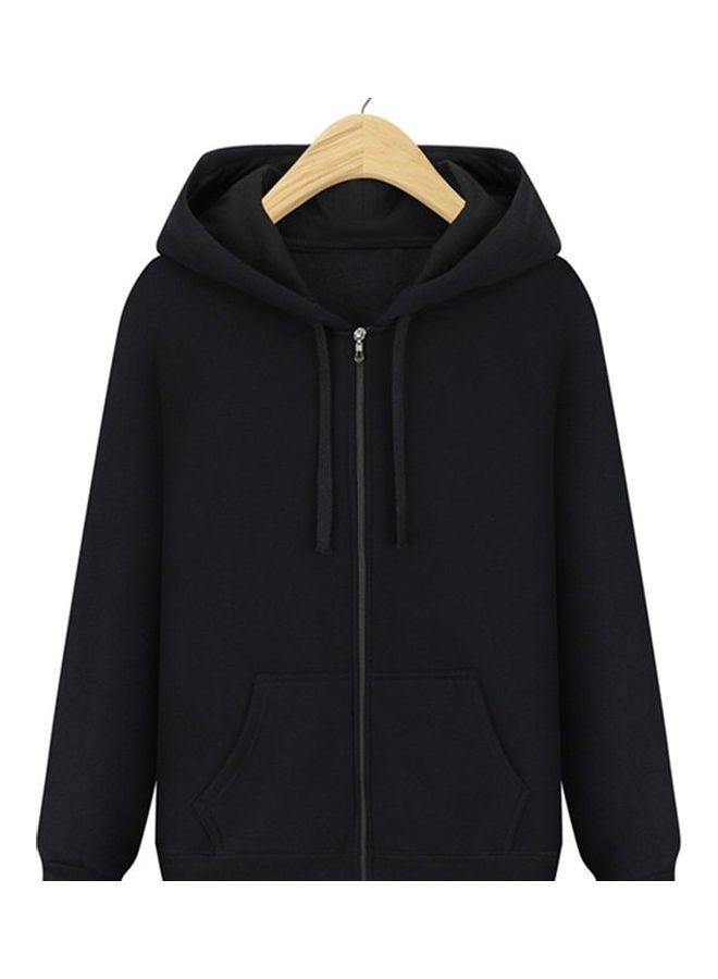 Solid Pattern Zip Up Hoodie Black 