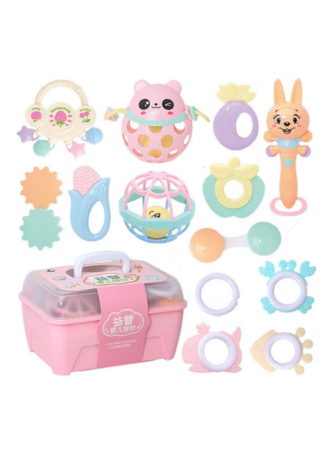 13-Piece Multi-Shaped Baby Rattle Toy Set With Pink Storage Box