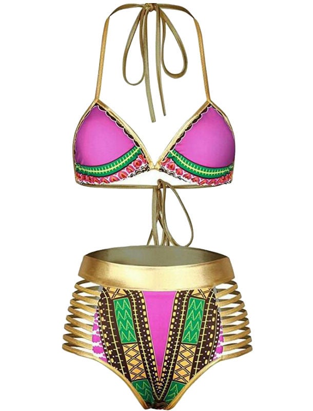 جولي طقم بيكيني بطبعة متباينة الأرجواني / الذهب - Image 1