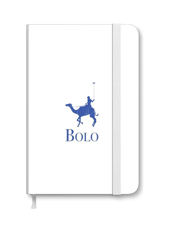 ستايلايزد دفتر ملاحظات بغلاف سميك وورق مقاس A5 - مطبوع بكلمة "BOLO" أبيض/أزرق