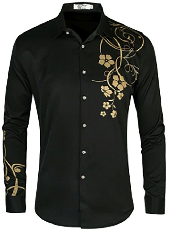 Turn Down Collar Long Sleeve Shirt Black/Golden 