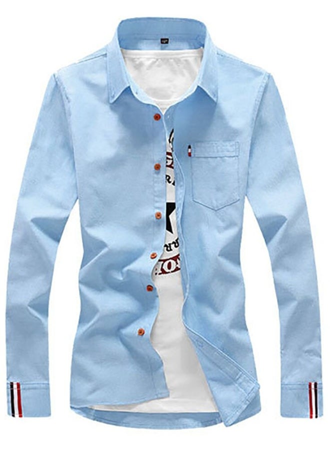 Turn Down Collar Long Sleeve Shirt Blue