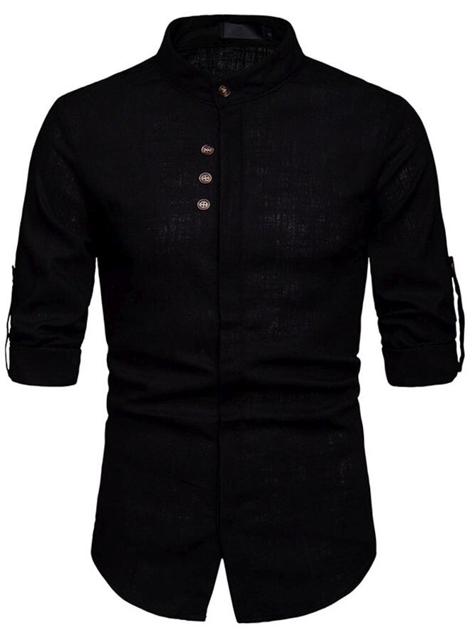 Buttons Design Solid Colour Long Sleeve Casual Shirt Black - v1612614859/N33120490V_1