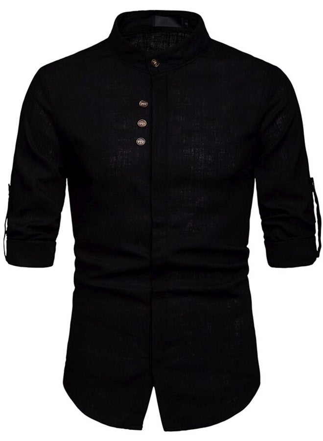 Buttons Design Solid Colour Long Sleeve Casual Shirt Black