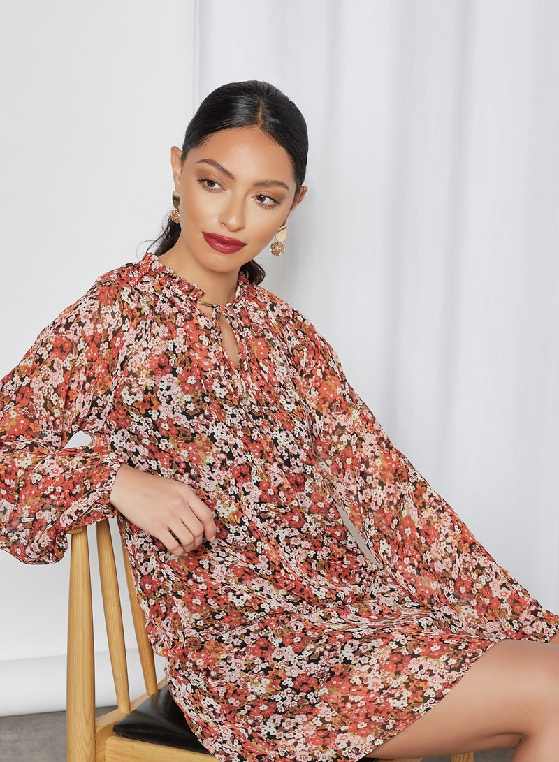 NOISY MAY - Floral Tie-Up Neckline Mini Dress Multicolour - Image 1