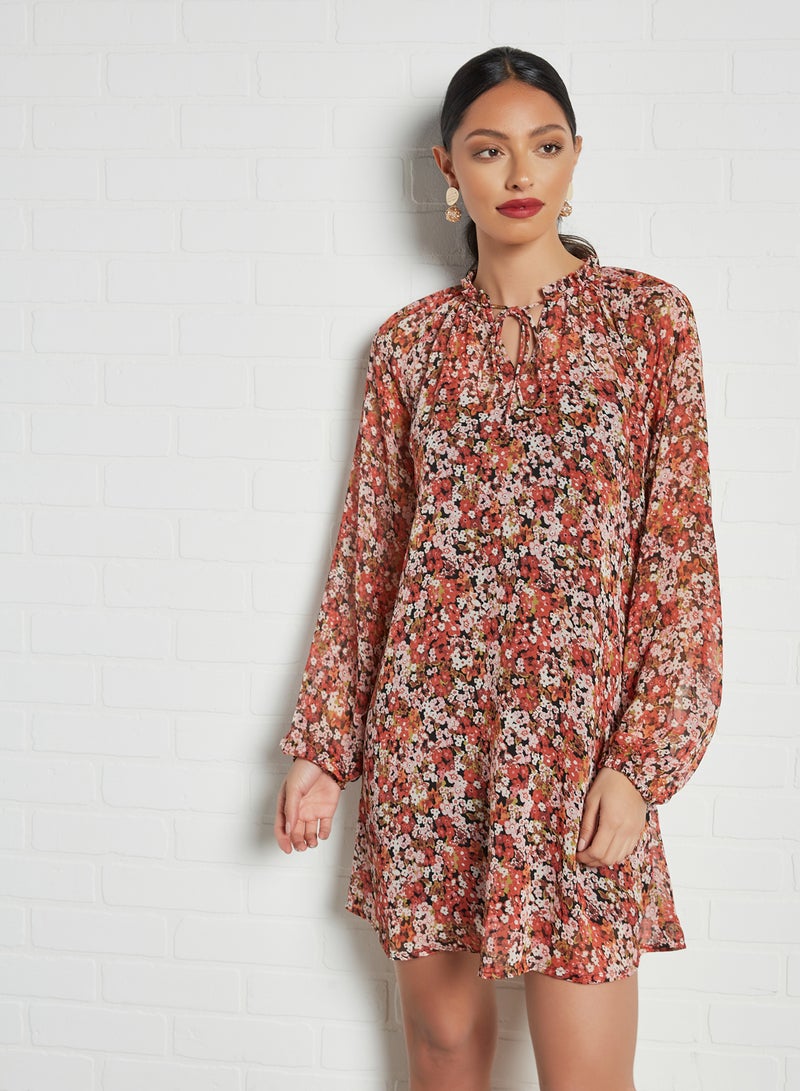 NOISY MAY - Floral Tie-Up Neckline Mini Dress Multicolour - Image 1