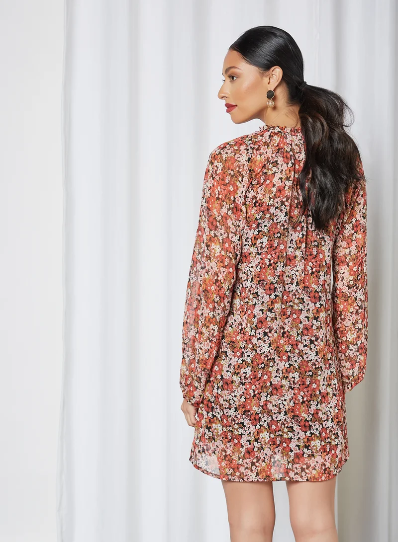 NOISY MAY Floral Tie-Up Neckline Mini Dress Multicolour