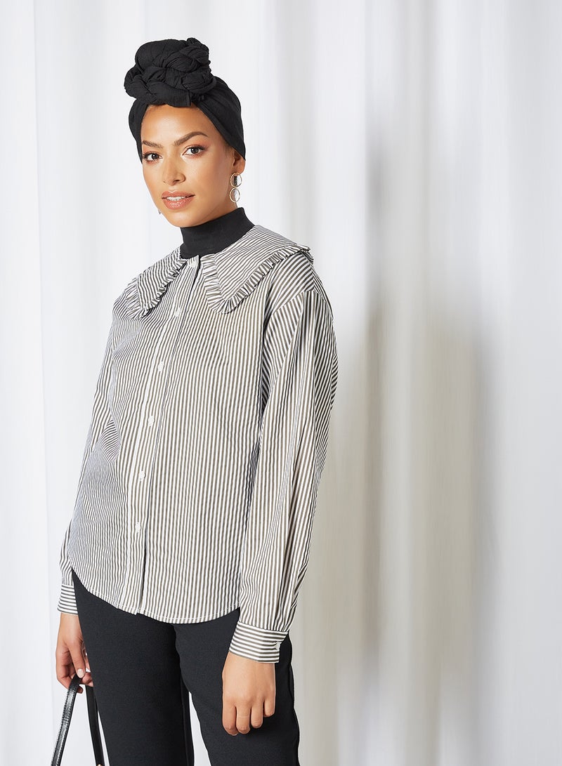PIECES - Striped Ruffle Detailed Shirt Bright White/Sea Turtle - Image 1
