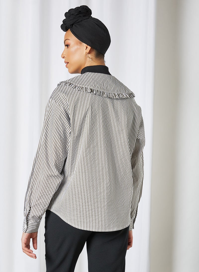 PIECES - Striped Ruffle Detailed Shirt Bright White/Sea Turtle - Image 1