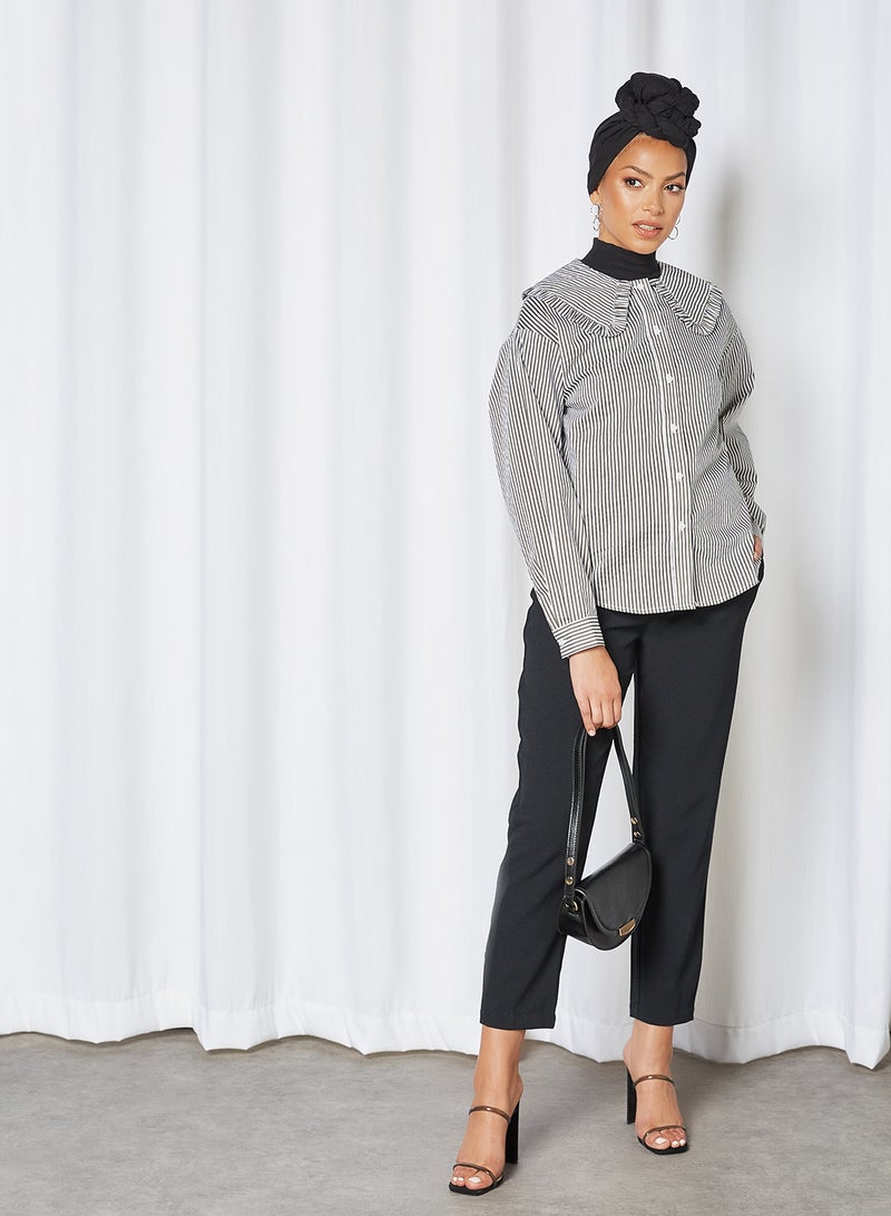 PIECES - Striped Ruffle Detailed Shirt Bright White/Sea Turtle - Image 1