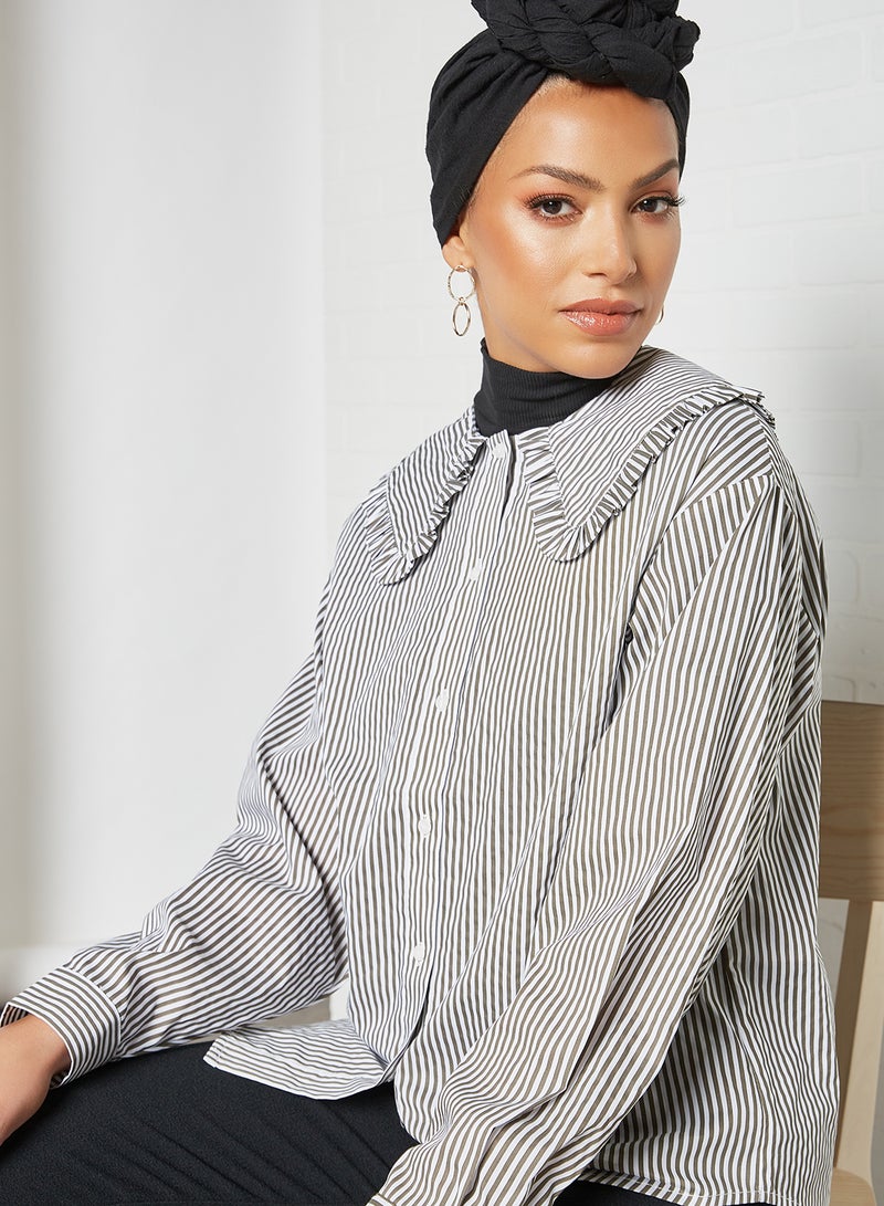PIECES - Striped Ruffle Detailed Shirt Bright White/Sea Turtle - Image 1