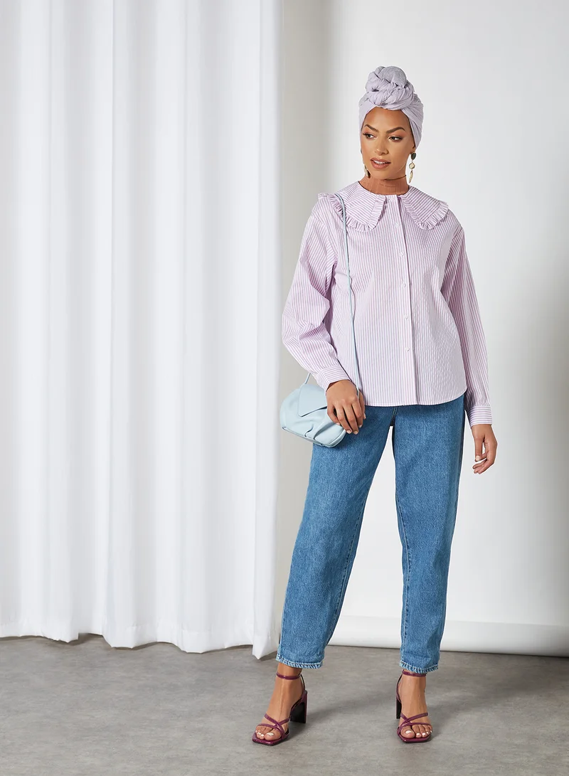 PIECES Striped Ruffle Detailed Shirt Bright White/Orchid Bloom