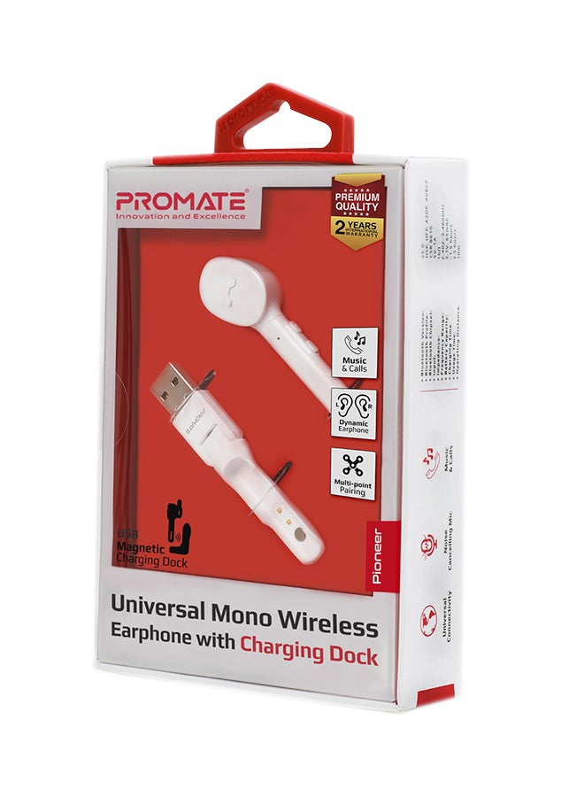 PROMATE - Mono Wireless Earphone, Professional Handsfree Bluetooth v5.0 Earbud with Built-In Mic, USB Magnetic Charging Dock and Multi-Point Pairing for Smartphone, Tablet, Laptop, iPod, Pioneer White - Image 1