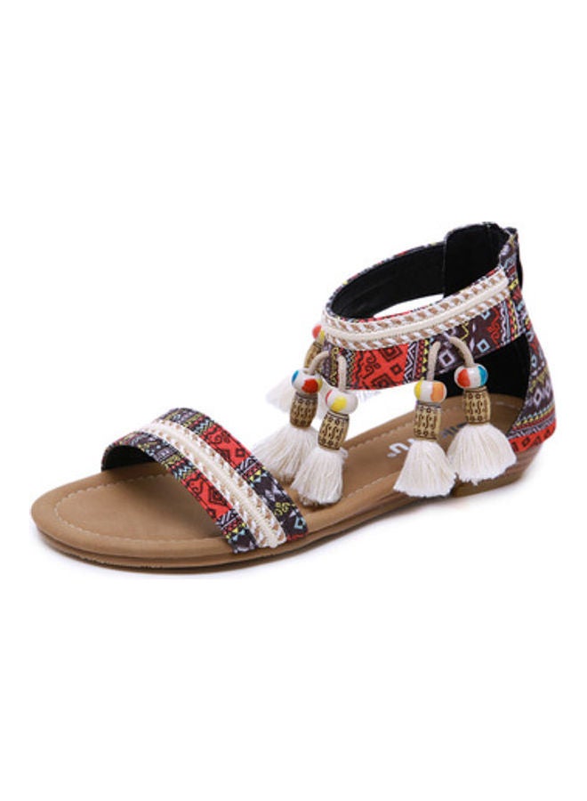 Beauenty Full Zip Tassel Accent Flat Sandals Brown/Red/White  - Image 1