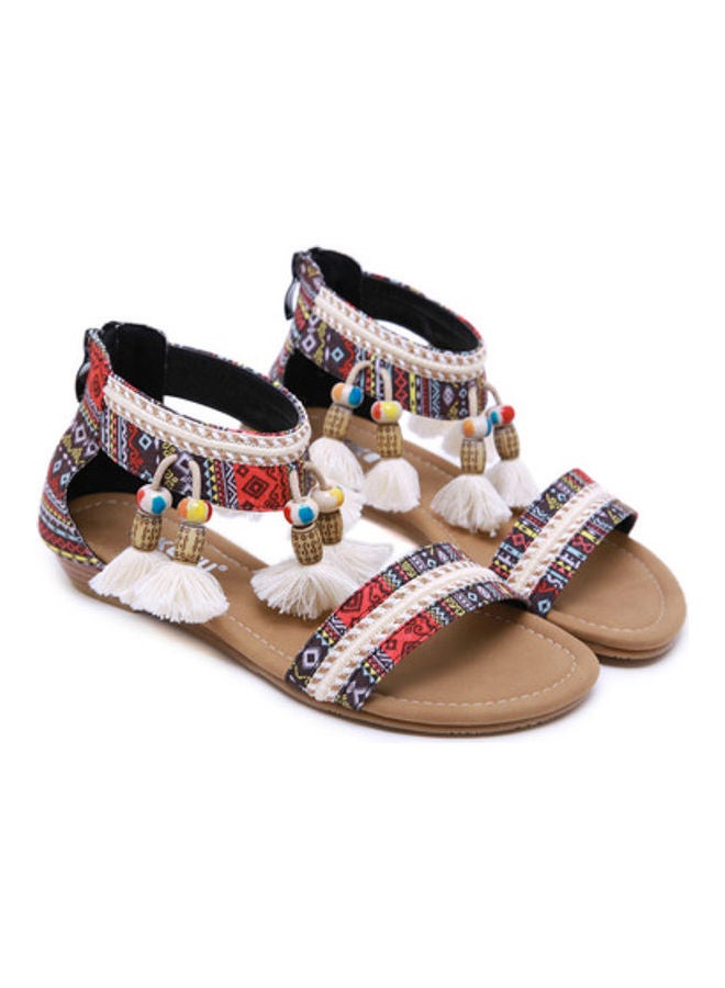 Beauenty Full Zip Tassel Accent Flat Sandals Brown/Red/White  - Image 2