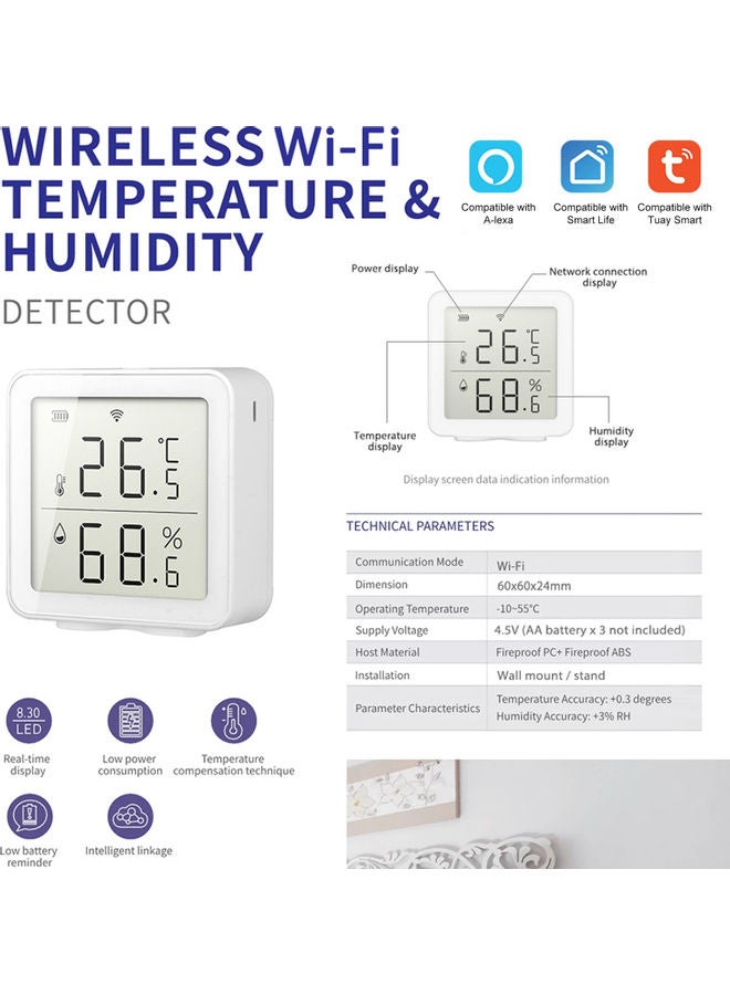 Tuya WiFi Intelligent Home Wireless Temperature Sensor White