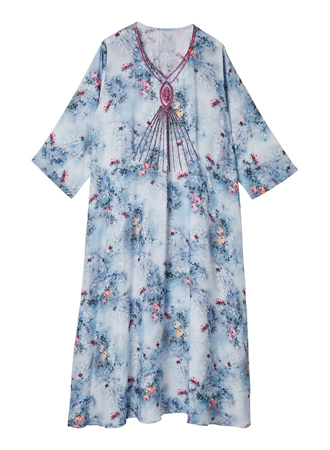 Knoosha Fashion Cotton Prented Kaftan Dress blue - Image 1