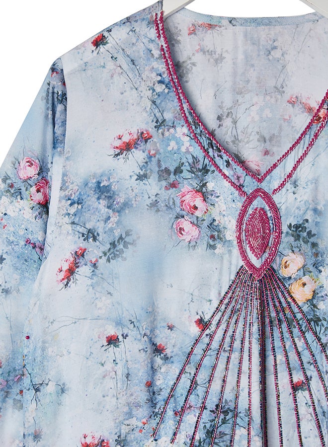 Knoosha Fashion Cotton Prented Kaftan Dress blue - Image 3