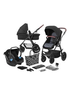 Kinderkraft Pram 3 In 1 Set Xmoov Travel System Baby Pushchair Buggy Foldable With Infant Car Seat Carrycot Accessories Rain Cover Footmuff For Newborn From Birth To 3 Years - Black  - Image 1