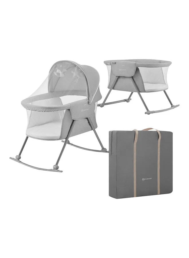 Kinderkraft Baby Crib 3 In 1 Lovi, Cradle, Travel Cot, Rocker, Easy Folding And Unfolding, Adjustable Canopy, With Accessories, Mattress Cover, Included Toys, Transport Bag, For Newborn, 0 - 9 Kg, Grey
