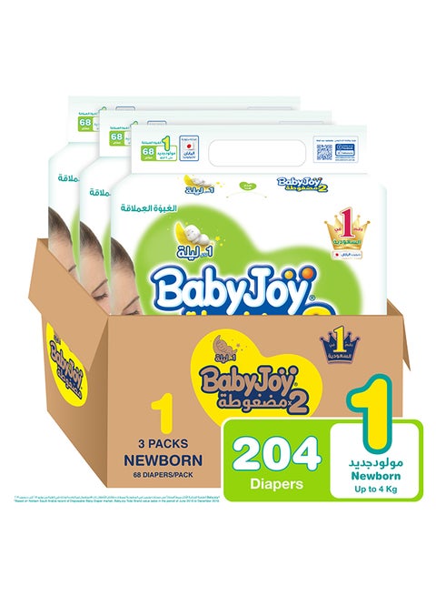 Baby Diapers, Newborn, Size 1, Up To 4 Kg, 204 Count (68 x 3) - Breathable Material, Compressed, Cotton Touch