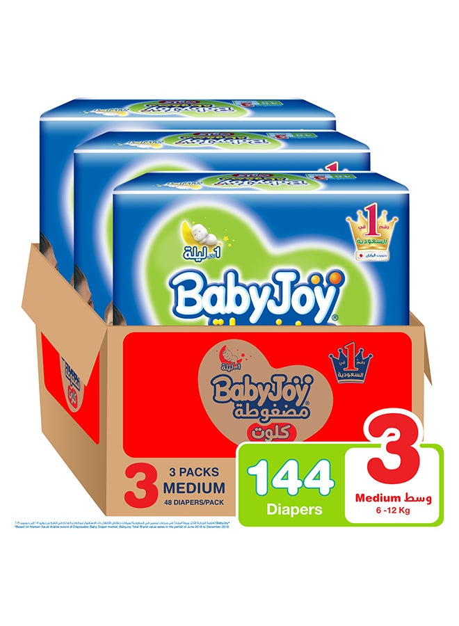 BabyJoy Baby Pants Diapers, Size 3, 6 - 12 Kg, 144 Count, 48 x 3 - Medium, Breathable Material, Compressed, Cotton Touch  - Image 1