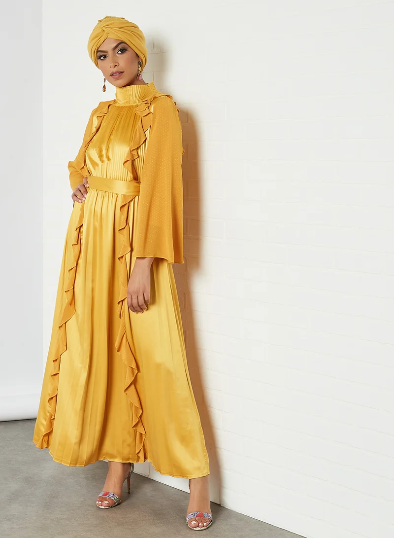 KASHKHA Pleated Ruffle Dress Mustard