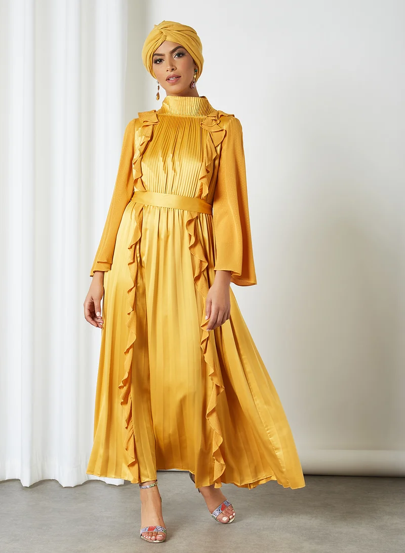 KASHKHA Pleated Ruffle Dress Mustard