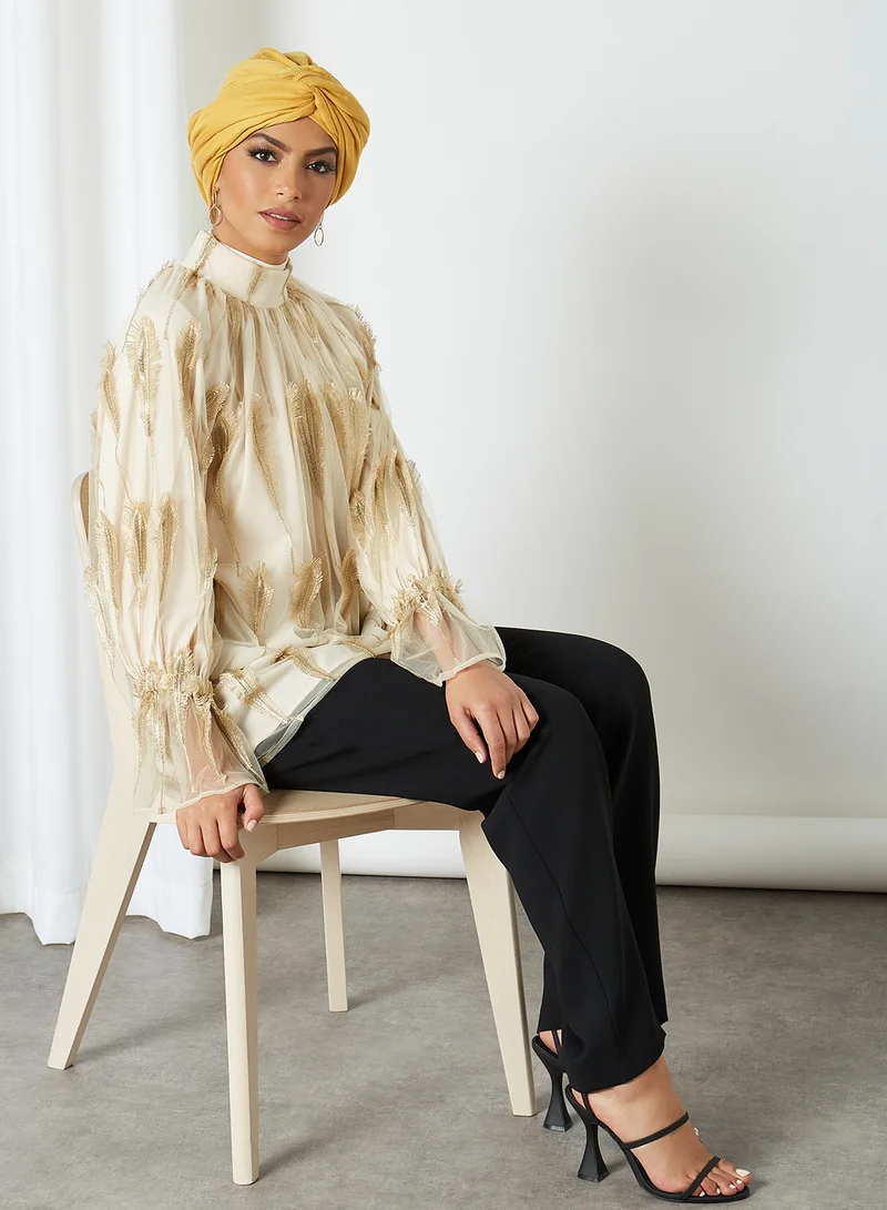 KASHKHA All-Over Feather Detail Blouse Gold
