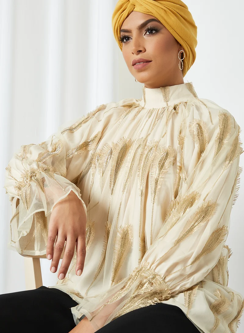 KASHKHA All-Over Feather Detail Blouse Gold