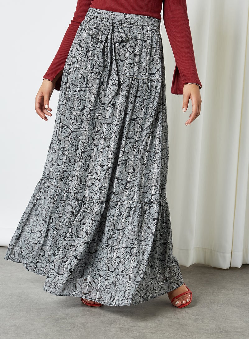 كشخة تنورة طويلة مطبوعة بالكامل أسود-أبيض - Image 1