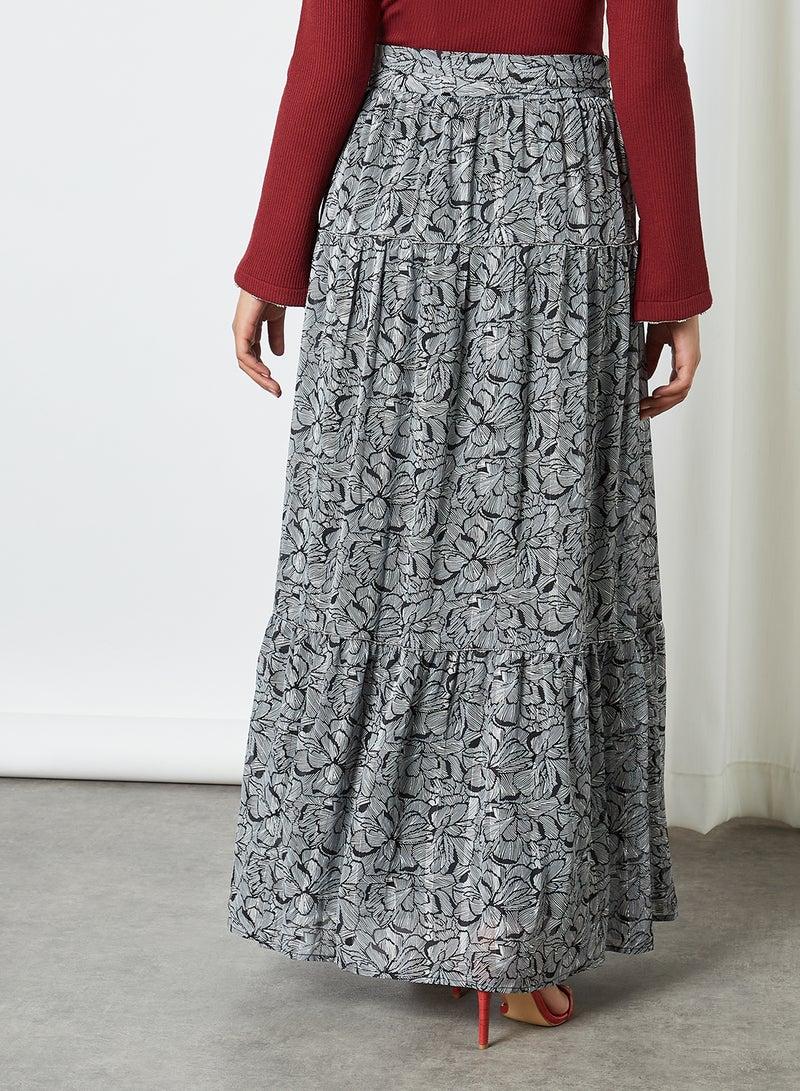 كشخة تنورة طويلة مطبوعة بالكامل أسود-أبيض - Image 2