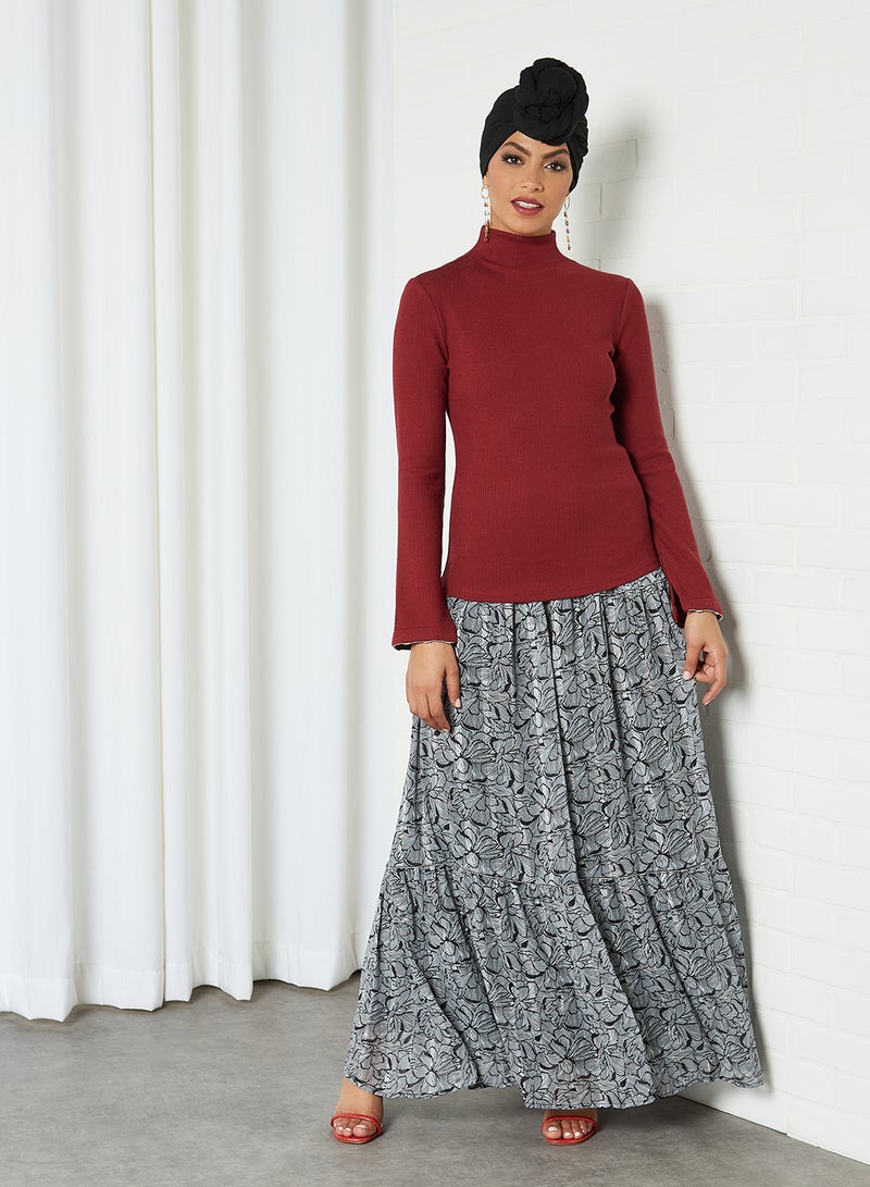 كشخة تنورة طويلة مطبوعة بالكامل أسود-أبيض - Image 3