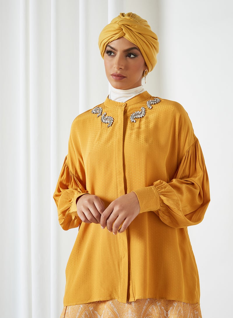 KASHKHA Oversized Embellished Detail Shirt Mustard  - Image 1