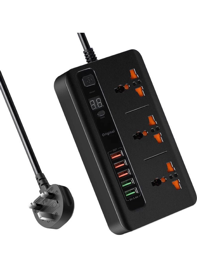 توصيلة كهربائية بمؤقت ذاتي مع 3 منافذ تيار متردد و 5 منافذ USB أسود  - Image 1