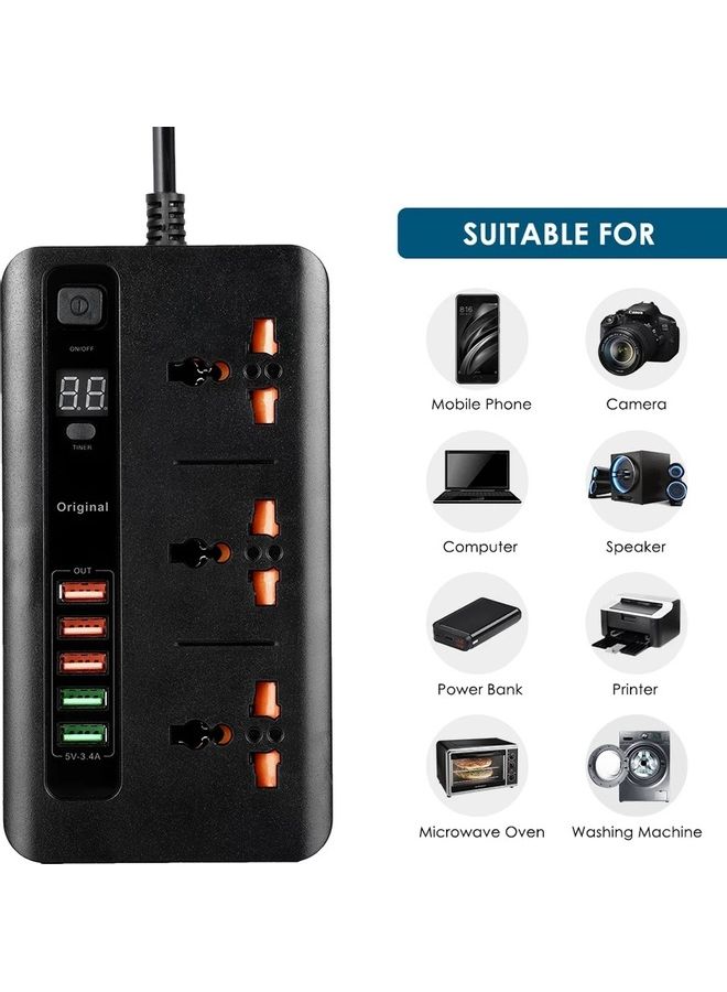 توصيلة كهربائية بمؤقت ذاتي مع 3 منافذ تيار متردد و 5 منافذ USB أسود  - Image 4