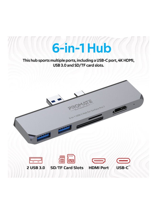 PROMATE - 6-In-1 USB-C Hub for Microsoft Surface Pro 7 Grey - Image 1