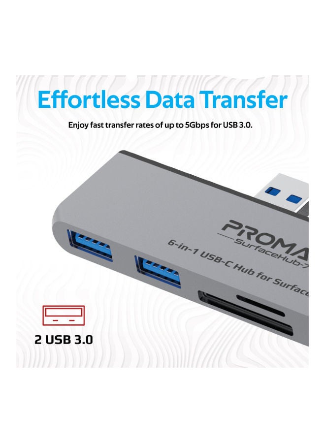 PROMATE - 6-In-1 USB-C Hub for Microsoft Surface Pro 7 Grey - Image 1